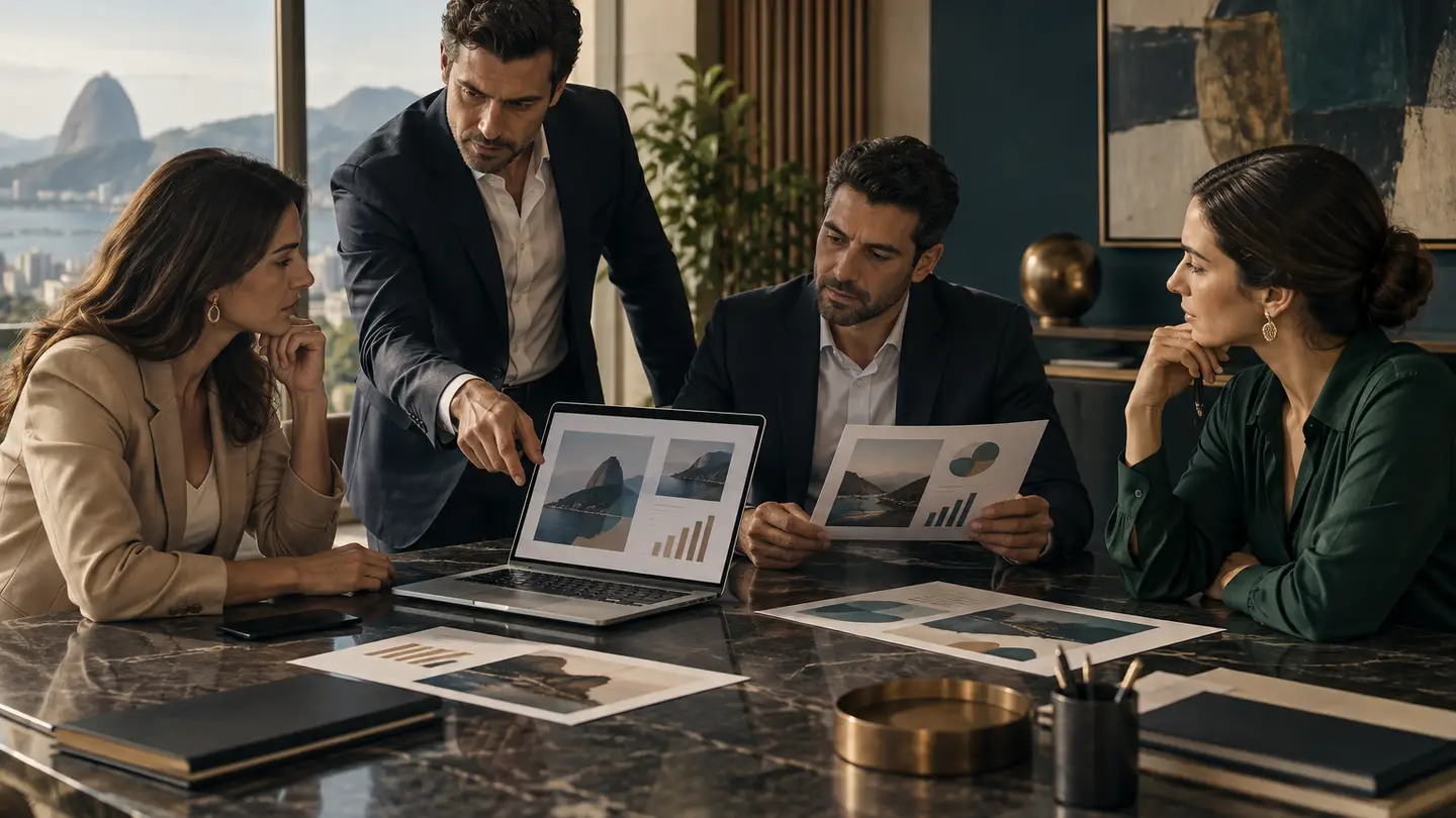 Sócios de uma empresa de investimentos revisam materiais de marketing e gráficos em uma mesa de reunião.